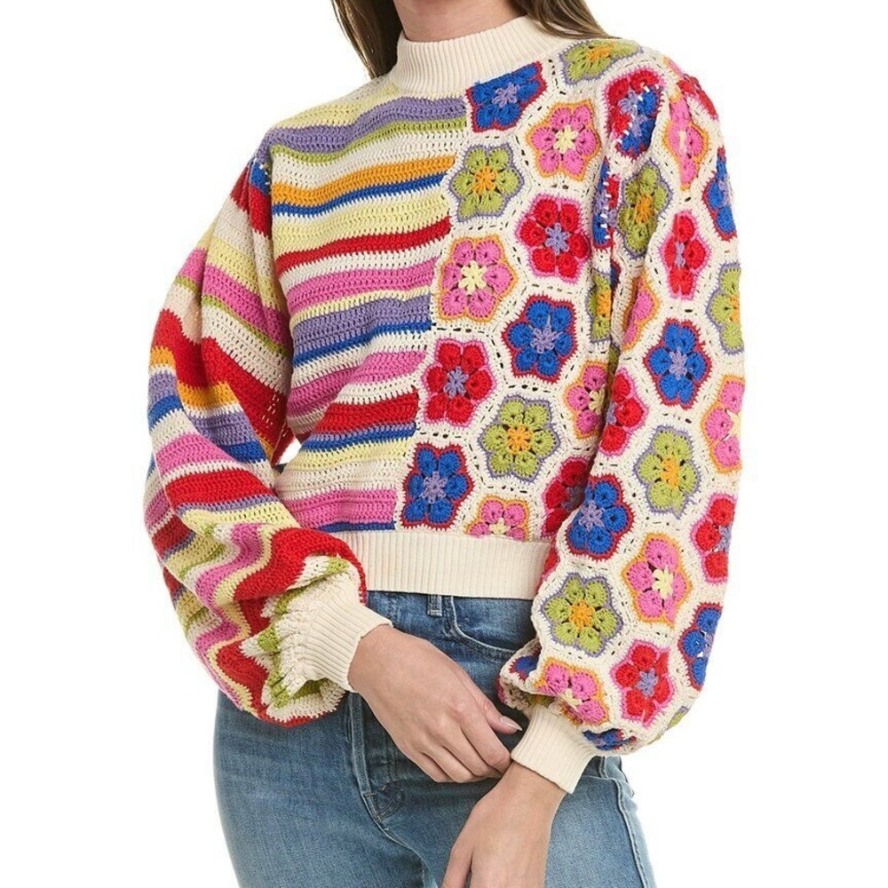 FARM Rio Rainbow Handmade Crochet Sweater Multicolor Mock Neck Women's Large NWT - Picture 5 of 16